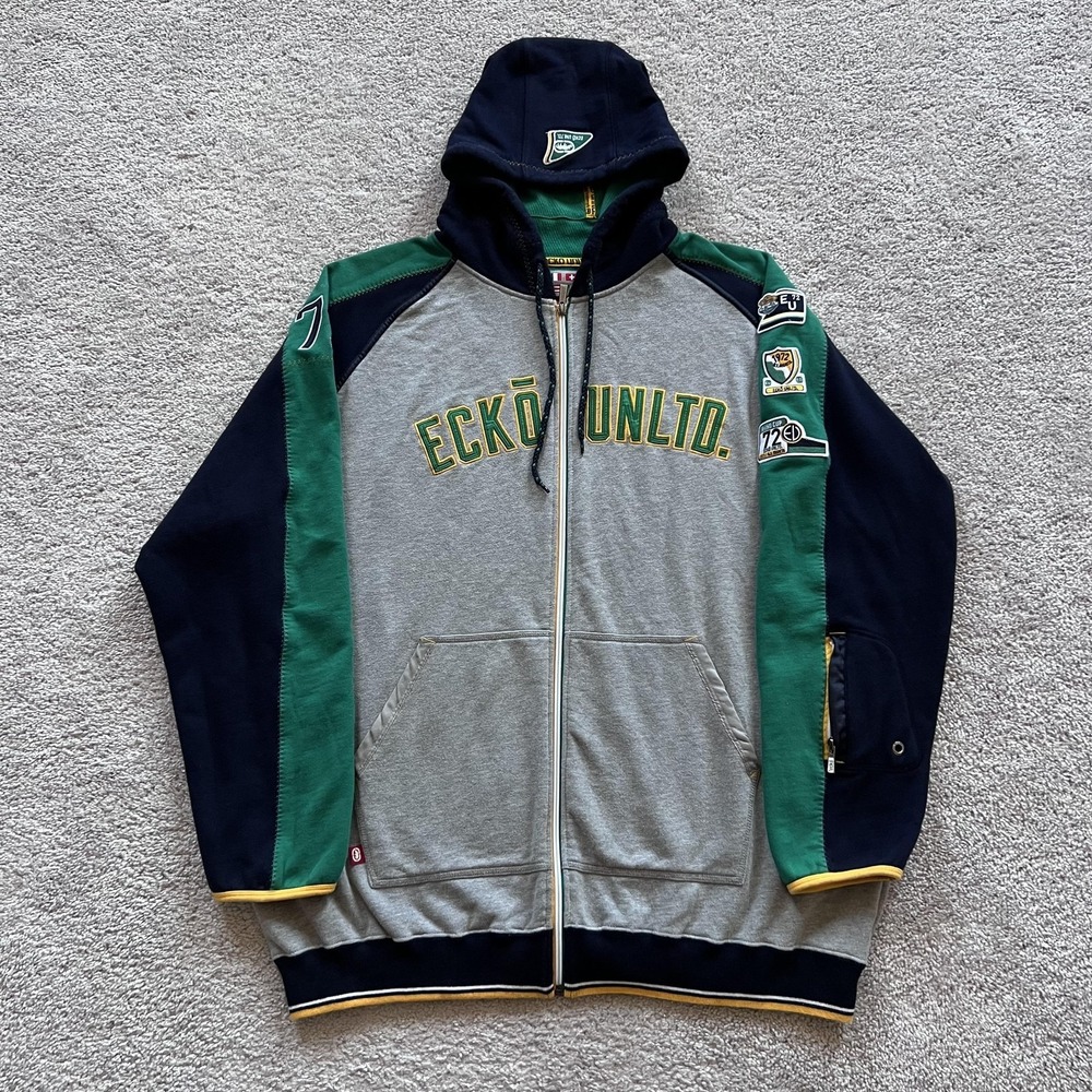 Y2K Ecko Unltd Full Zip Hoodie Mens XXL Gray 72 Patches Colorblock Jacket